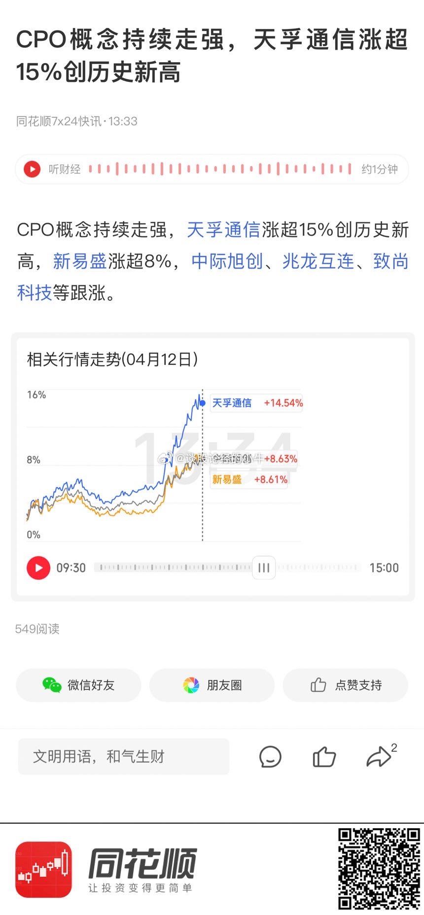 CPO概念震荡走强，天孚通信涨超7%|界面新闻 · 快讯